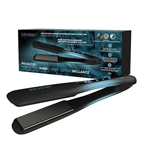 Revamp Progloss Wide Ultra X Shine 1.5-Inch Flat Iron Hair Straightener – Ceramic Hair Straightener with Keratin, Argan & Coconut Oil Infused Ceramic & Ionic Plates, Ideal for Long, Thick, Curly Hair